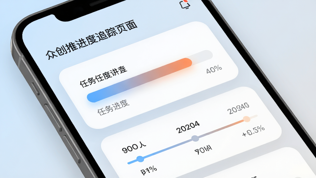 众创推进度追踪页面展示,画面为手机屏幕内显示任务进度条和时间轴,布局为上下结构,排版清晰,风格为柔和圆角卡片风,细节上进度条带有渐变色彩,背景为浅蓝到浅灰的过渡,画质高清干净,无多余元素