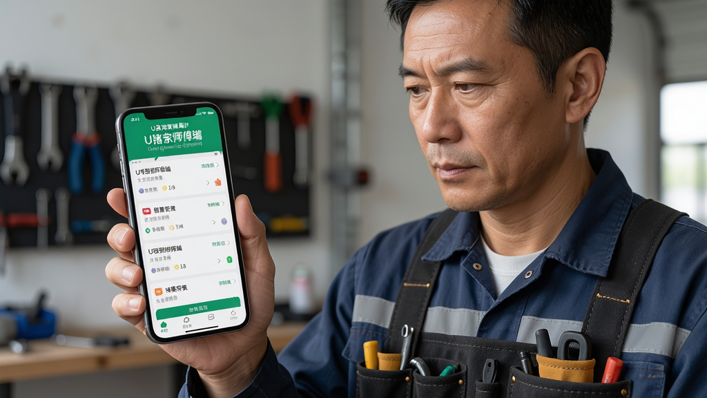 一位身穿工作服的师傅正在使用手机查看