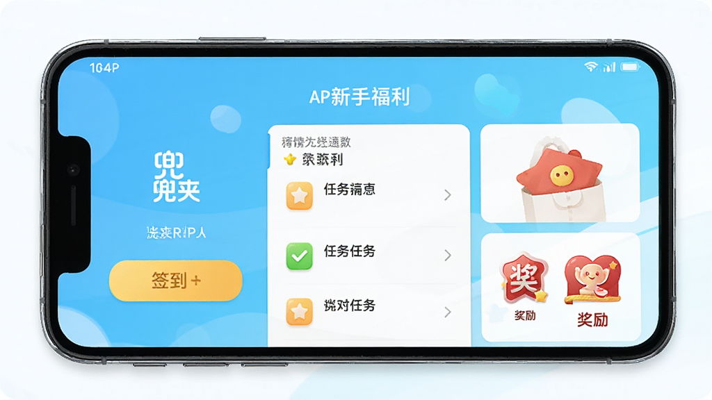 手机屏幕展示兜夹APP的新手福利页面,有签到按钮、任务列表和奖励图标,画面风格清新明快,带有“兜夹”文字标识,画质高清,干净无多余元素