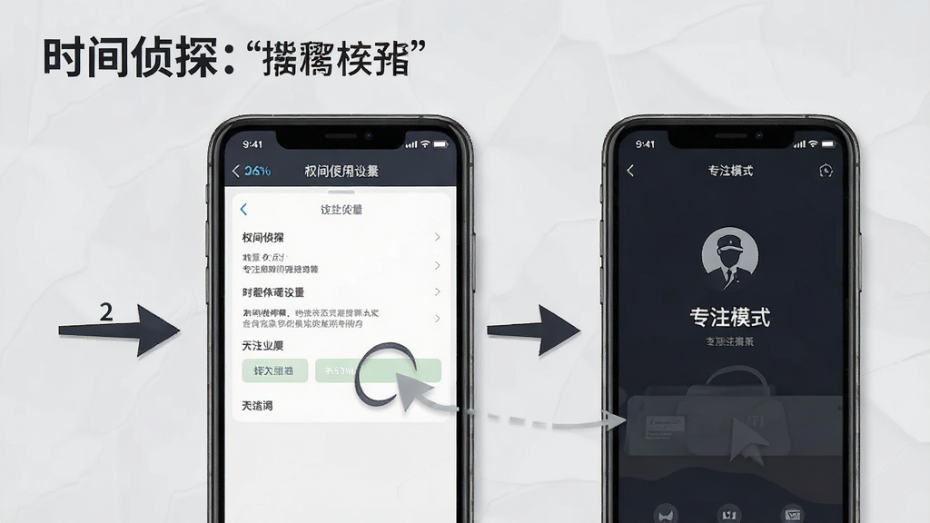一张展示“时间侦探”移动端使用指南的生图,画面主体为手机屏幕显示权限设置界面和专注模式界面,旁边有箭头指示操作步骤,背景为浅灰色,风格简洁教程风,细节清晰,画质干净,无多余元素