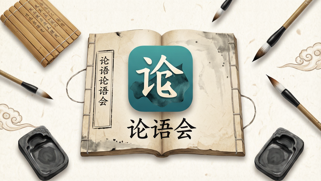 一款以中国古典书籍为设计灵感的手机应用界面,画面中央展示「论语会」应用图标和名称,背景是一本摊开的线装古籍《论语》,周围飘浮着竹简、毛笔、墨砚等传统文化元素,整体布局为居中对称式,风格为国风水墨淡彩,细节上体现竹简纹理和宣纸质感,画面清晰干净,无多余元素,高画质,适合软件下载站展示