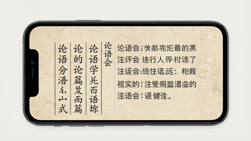 一款名为「论语会」的手机应用展示界面,画面主体是手机屏幕中显示《论语》学而篇的原文与注释双栏排版,左侧为竖排文言原文,右侧为横排白话译文,背景为米黄色宣纸质感,布局为手机居中展示,风格为古典简约,细节上体现文字清晰、排版工整,画质干净,无多余元素