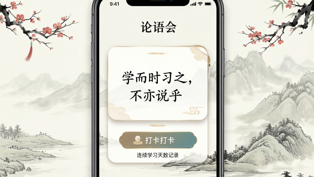 一款名为「论语会」的手机应用每日一句功能展示图,画面中央为手机屏幕显示「学而时习之,不亦说乎」的每日金句卡片,卡片下方有打卡按钮和连续学习天数记录,背景为淡雅的水墨山水,布局为手机居中加周边装饰元素,风格为清新国风,细节上体现卡片圆角和柔和阴影,画质干净,无多余元素