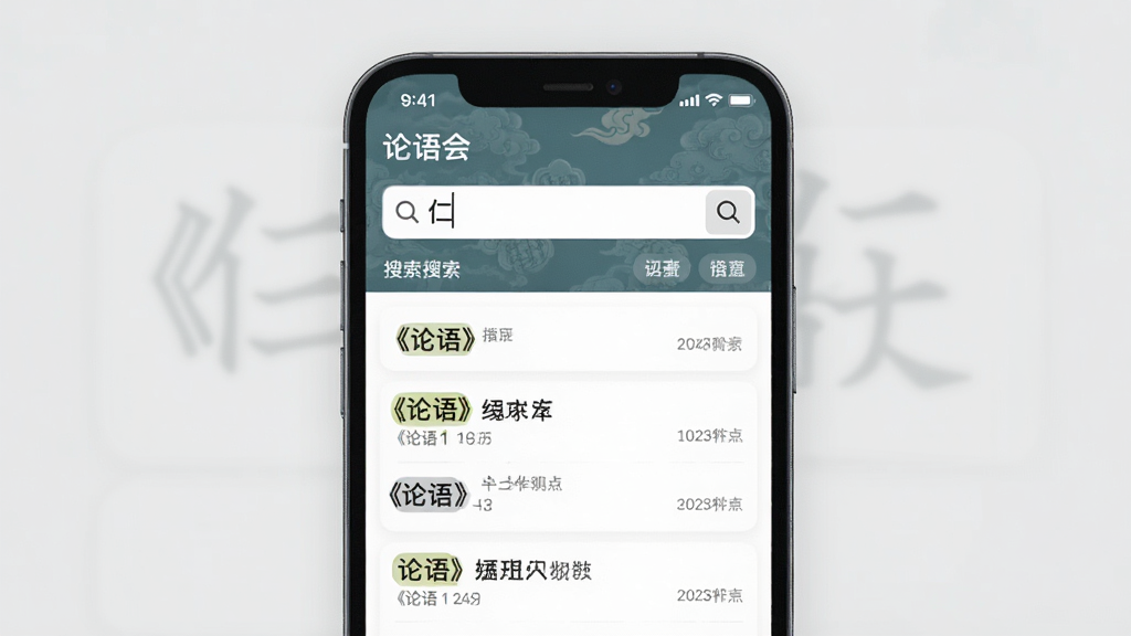 一款名为「论语会」的手机应用搜索功能界面,画面主体为手机屏幕显示搜索结果列表,搜索框中输入「仁」字,下方列出多条包含该字的《论语》原文及出处,背景为浅灰色,布局为手机居中展示,风格为现代简约与传统元素结合,细节上体现搜索结果高亮和分类标签,画质清晰干净,无多余元素