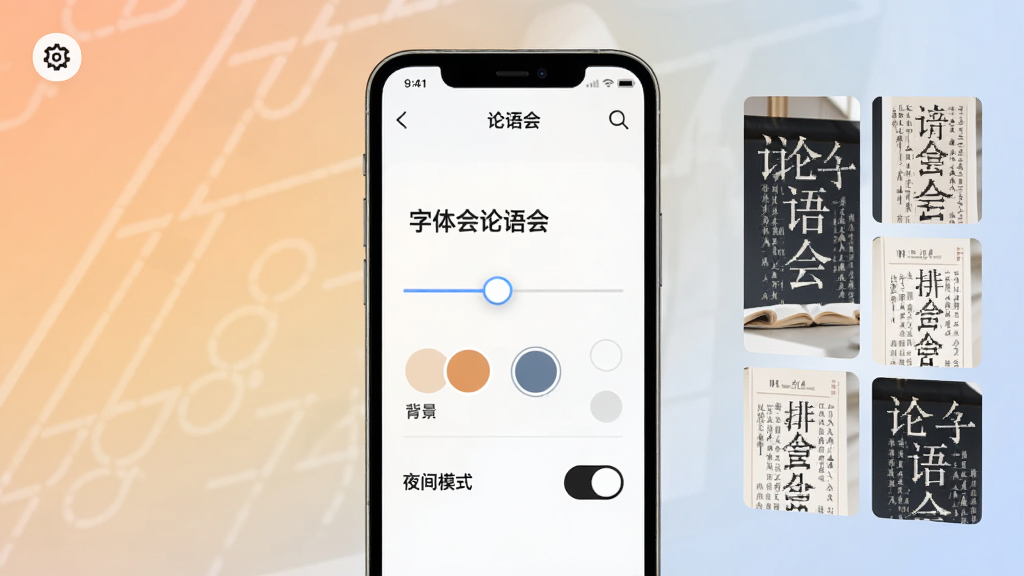 一款名为「论语会」的手机应用阅读设置界面,画面主体为手机屏幕显示字体大小滑块、背景颜色选项和夜间模式开关,右侧展示不同排版效果的预览缩略图,背景为柔和渐变色调,布局为手机居中加设置图标点缀,风格为现代扁平化设计,细节上体现选项选中状态和预览效果,画质干净,无多余元素