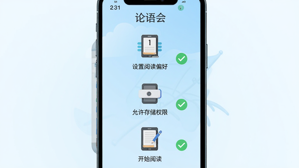 一款名为「论语会」的手机应用新手引导界面,画面主体为手机屏幕显示三步操作指引,包括设置阅读偏好、允许存储权限、开始阅读,每步配有图标和简短文字说明,背景为淡蓝色渐变,布局为竖向排列居中,风格为扁平化插画风,细节上体现步骤序号和勾选状态,画质干净,无多余元素
