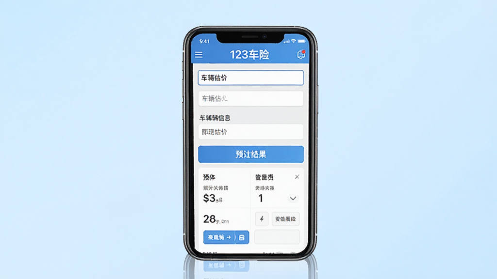 一张展示123车险预估查软件主界面的预览图,画面中央是一部智能手机,屏幕上显示着车险估价查询界面,包含车辆信息输入框与预估结果展示区域,背景为简洁的浅蓝色渐变,风格清新明快,细节清晰可见,画质干净无多余元素