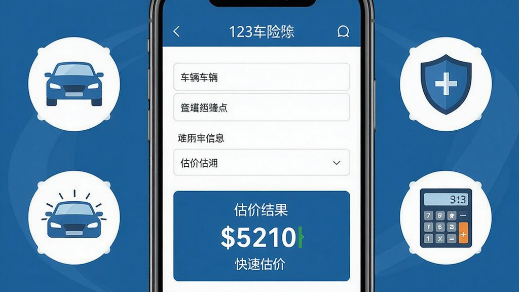 一张AI生成的123车险预估查快速估价功能展示图,画面主体为手机屏幕特写,屏幕上呈现车辆信息填写表单与估价结果数字,周围环绕着汽车、盾牌、计算器等简约图标,布局居中对称,风格扁平化商务蓝调,细节精致,画质清晰干净