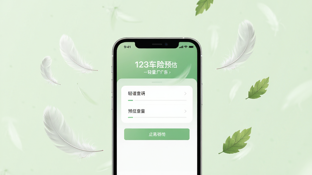 一张展示123车险预估查轻量无广告特色的AI生图,画面中央为手机屏幕显示简洁查询界面,周围漂浮着轻盈的羽毛与树叶象征轻量,背景为淡雅浅绿色,风格清新自然,布局留白充足,画质细腻干净