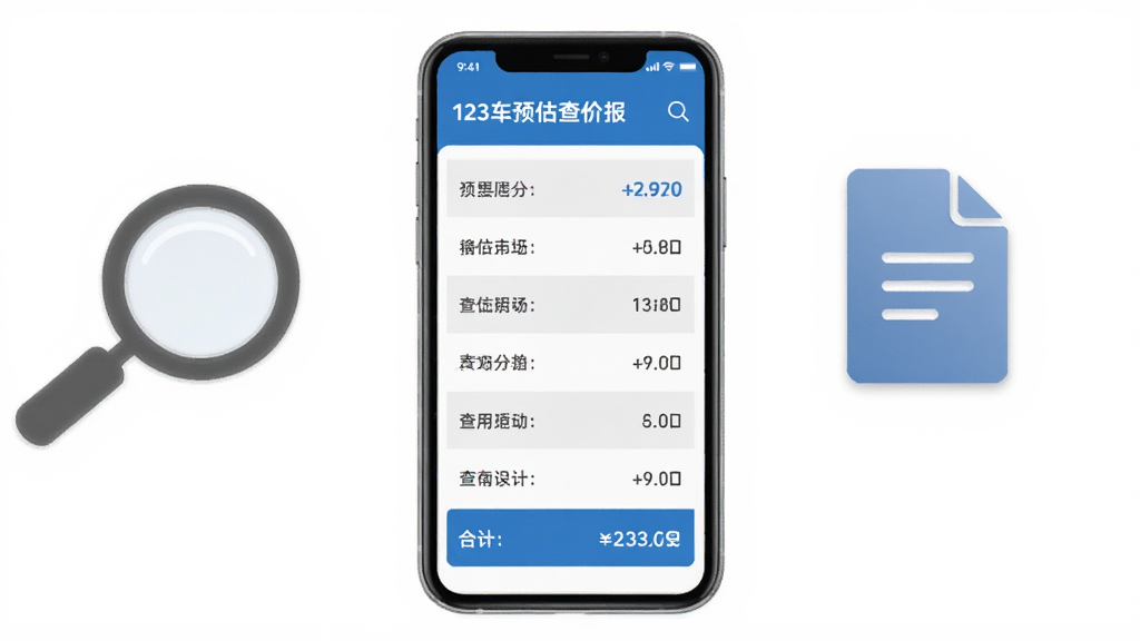 一张表现123车险预估查报价明细展示功能的示意图,画面中手机屏幕显示分项列表与合计金额,旁边有放大镜和文档图标作为点缀,排版整洁,风格简约现代,色调以白灰蓝为主,画质干净无杂乱元素