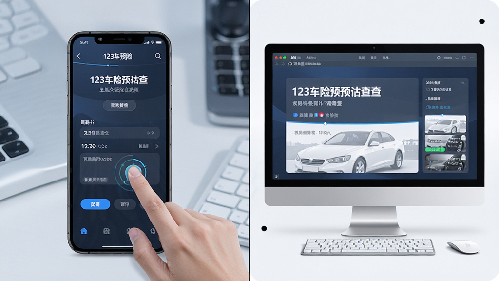 一张展示123车险预估查在手机与电脑模拟器上同时运行的对比图,左侧为手机触屏操作界面,右侧为电脑模拟器窗口,布局左右分栏,风格科技感十足,细节清晰,画质干净整洁