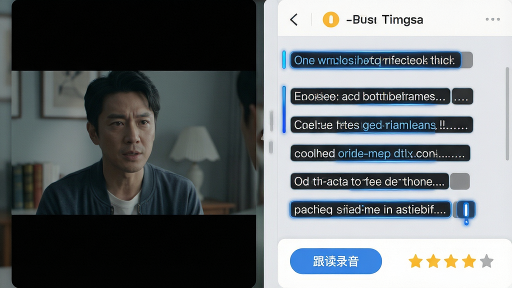 影关英语影视学习功能展示,画面左侧为电影片段播放窗口,右侧为双语字幕列表,字幕逐句高亮显示,下方有跟读录音按钮和评分星级,整体布局为左右分栏,排版整齐,风格为清爽学习类APP界面,细节上字幕区域有蓝色高亮光标,背景为浅灰色,画质高清,干净,无多余元素