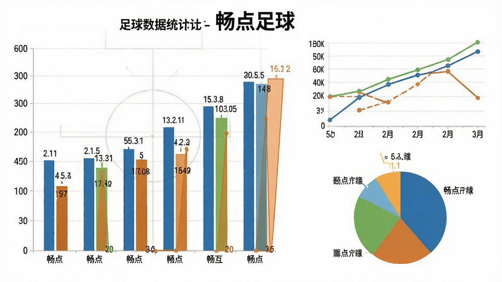 一张展示足球数据统计图表的示意图,画面中包含柱状图、折线图和饼图,数据标签清晰可见,背景为白色,风格商务简洁,细节清晰,画质干净,无多余元素,图片中文字标注“畅点足球”
