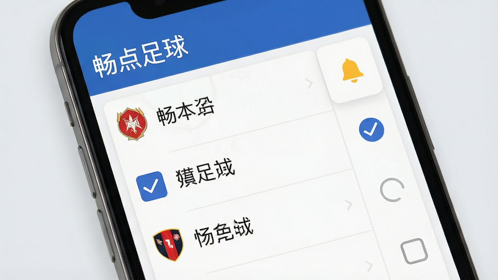 一张展示个性化订阅界面的手机截图风格图片,画面中手机屏幕显示多个足球联赛和球队的勾选列表,旁边有铃铛图标表示提醒功能,背景为浅灰色,风格清新简洁,细节清晰,画质干净,无多余元素,图片中文字标注“畅点足球”