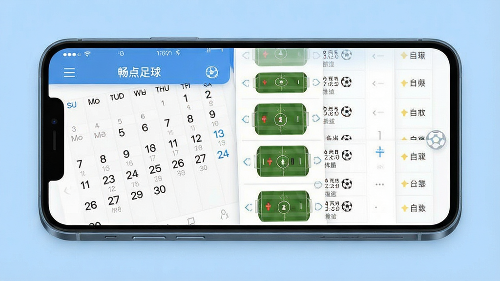一张展示赛程日历界面的手机样机图,画面中手机屏幕显示月历视图和足球比赛列表,背景为浅蓝色,风格清爽简洁,细节清晰,画质干净,无多余元素,图片中文字标注“畅点足球”