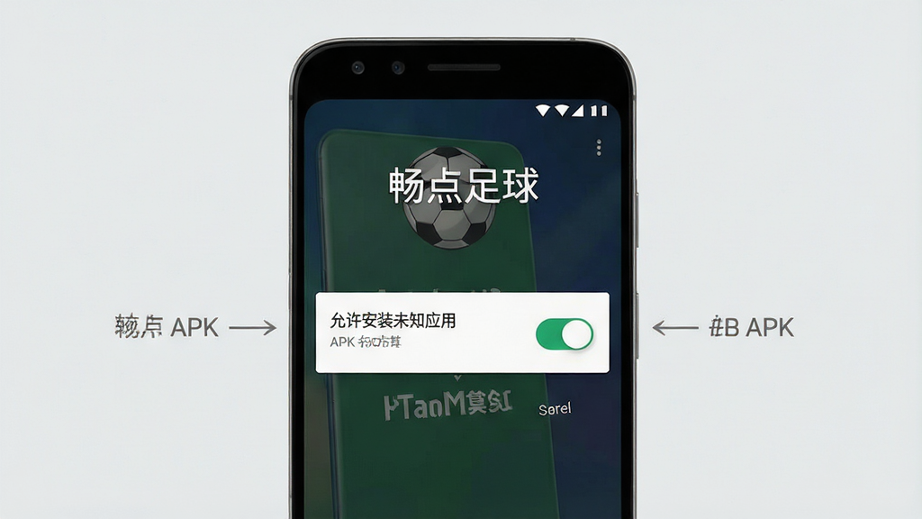 一张展示安卓手机安装APK文件的步骤示意图,画面中手机屏幕显示“允许安装未知应用”的开关界面,背景为浅灰色,风格简洁明了,细节清晰,画质干净,无多余元素,图片中文字标注“畅点足球”