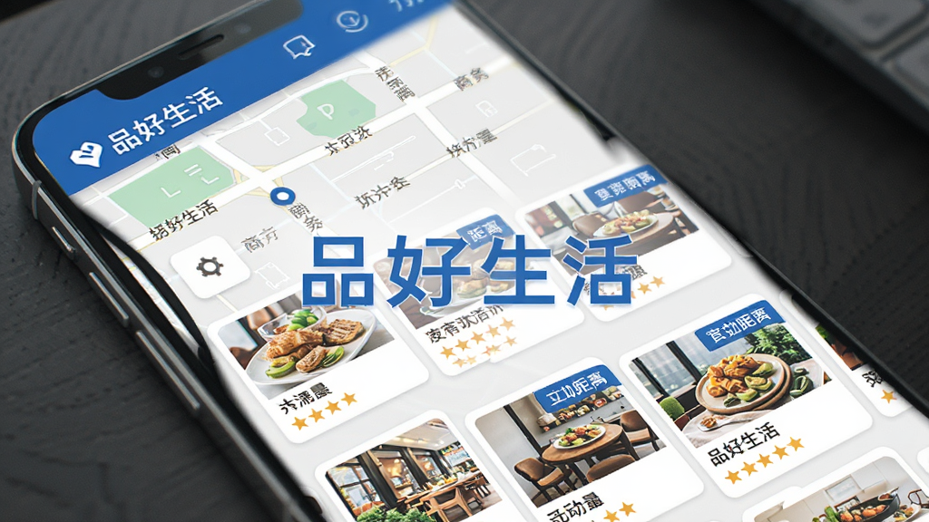 品好生活周边服务功能展示图,手机界面显示地图与商家列表,商家卡片带有评分和距离标签,配色以蓝白为主,布局清晰,风格简约商务,画质干净高清,屏幕中显示品好生活文字