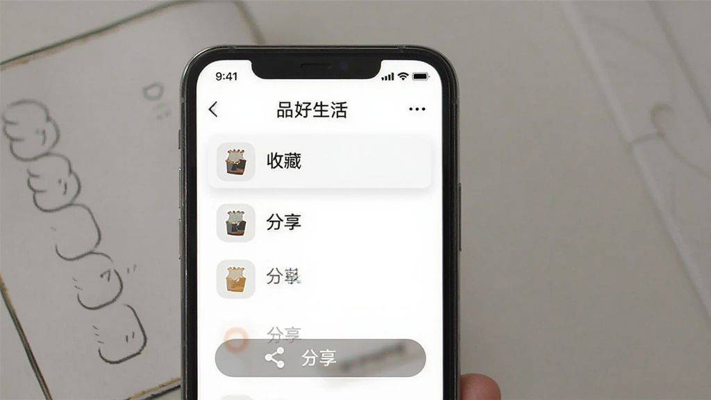 品好生活收藏与分享功能界面图,手机屏幕显示收藏列表和分享按钮,图标简洁明了,背景白色,风格素雅极简,画质干净,界面中显示品好生活