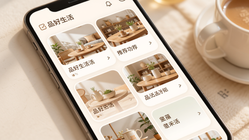 品好生活个性化推荐功能示意图,手机界面展示推荐卡片瀑布流,卡片包含图片和简短描述,配色柔和圆角,布局错落有致,风格温馨现代,画质清晰,画面中带有品好生活文字