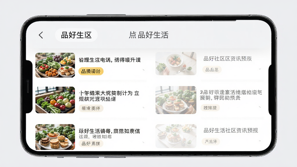 品好生活社区资讯页面预览图,手机屏幕展示资讯列表,每条资讯配有小图和标题,分类标签醒目,背景浅灰,排版整齐,风格清新浅色,画质高清,界面中显示品好生活字样