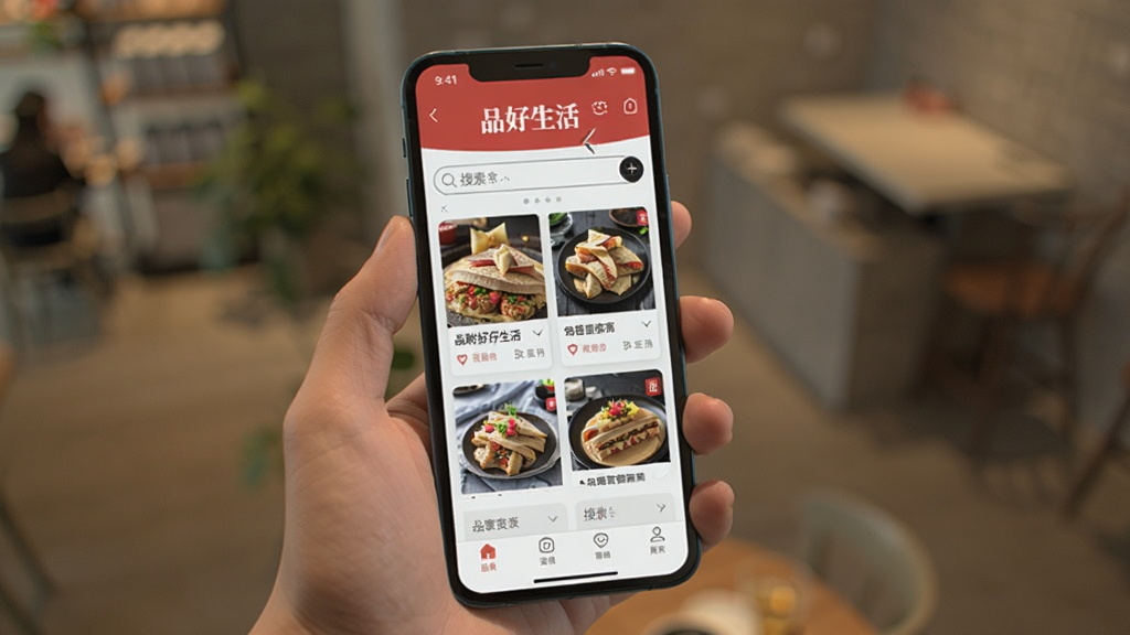 品好生活移动端操作界面实拍图,手机握持展示应用页面,界面显示附近商家和搜索框,背景虚化,风格生活化,画质清晰自然,屏幕中显示品好生活文字