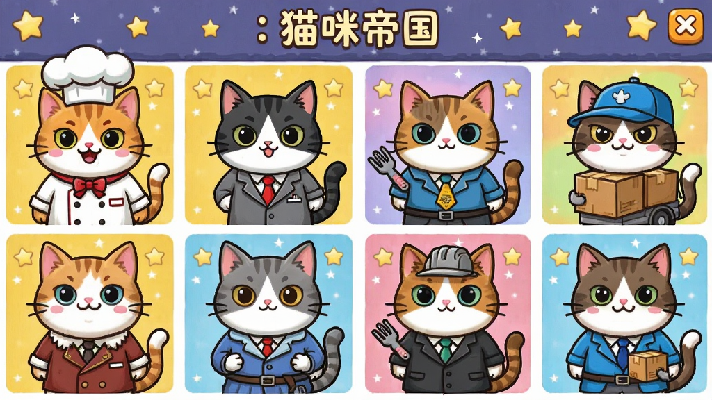 猫咪帝国:放置大亨安装器角色展示界面,多只不同品种的猫咪排成两列,每只猫咪穿着不同职业服装,如厨师猫、会计猫、快递猫等,布局为网格排列,风格为可爱卡通,细节包括猫咪表情丰富、背景有星星装饰,画质高清干净无多余元素