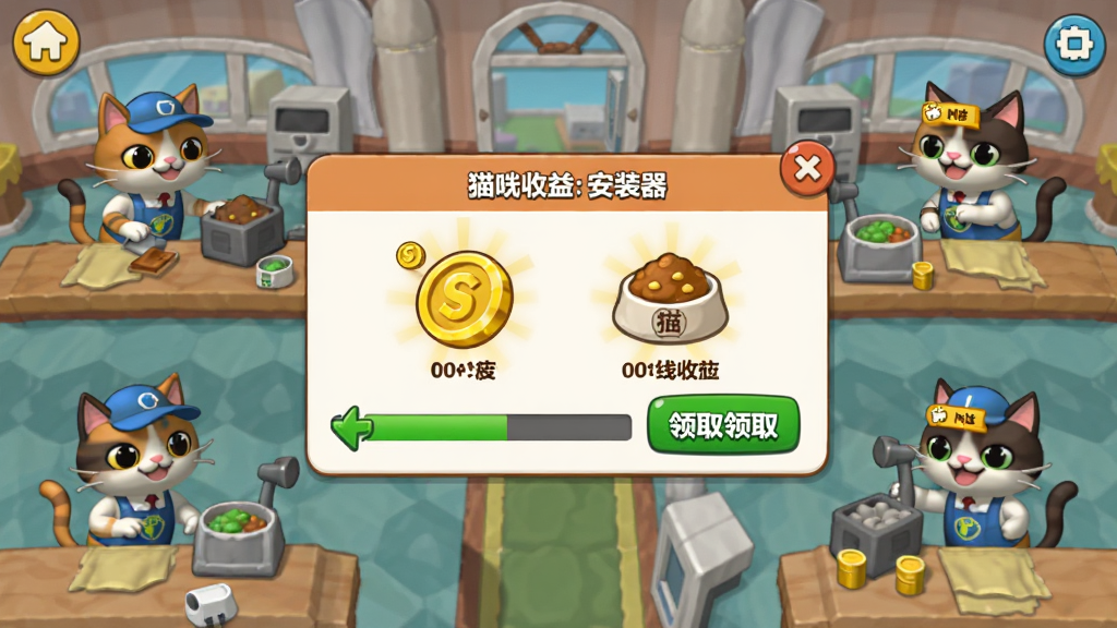 猫咪帝国:放置大亨安装器游戏界面截图,画面中央显示离线收益弹窗,金币和猫粮图标闪烁,周围有各种猫咪员工在忙碌工作,风格为明亮卡通,细节包括进度条、领取按钮和猫咪表情,画质清晰干净无多余元素