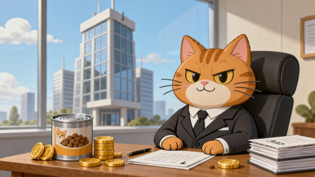 一只橘色猫咪穿着西装坐在办公桌前,面前摆放着金币和猫粮罐头,背景是现代化的猫咪商业帝国大楼,布局采用中心构图,风格为卡通手绘,细节包括猫咪表情自信、桌上文件整齐、窗外有云朵,画质高清干净无多余元素