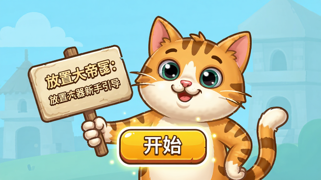 猫咪帝国:放置大亨安装器新手引导界面,一只猫咪举着指示牌指向屏幕中央的“开始”按钮,布局为居中构图,风格为明快卡通,细节包括按钮有光效、背景简洁、猫咪表情亲切,画质高清干净无多余元素