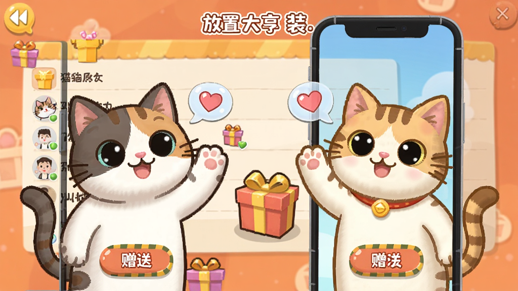 猫咪帝国:放置大亨安装器社交界面,两只猫咪通过手机屏幕互相挥手,背景有排行榜和礼物盒,布局为左右对称,风格为温馨卡通,细节包括爱心气泡、好友列表、赠送按钮,画质高清干净无多余元素