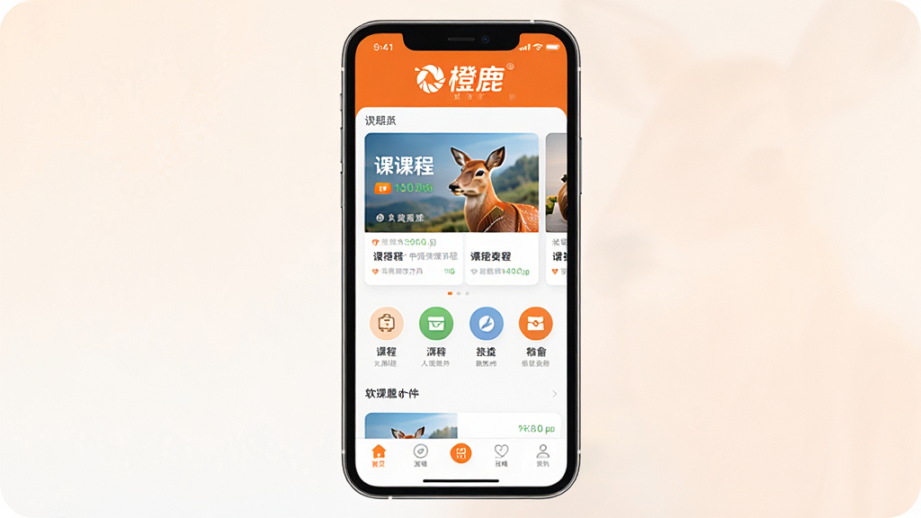 一张展示橙鹿软件主界面的图片,画面中央是手机屏幕,屏幕内显示橙鹿APP的首页布局,顶部有橙鹿文字标识,中部为课程卡片和功能图标,底部为导航栏,背景为浅色渐变,风格简洁现代,细节清晰,画质干净,无多余元素