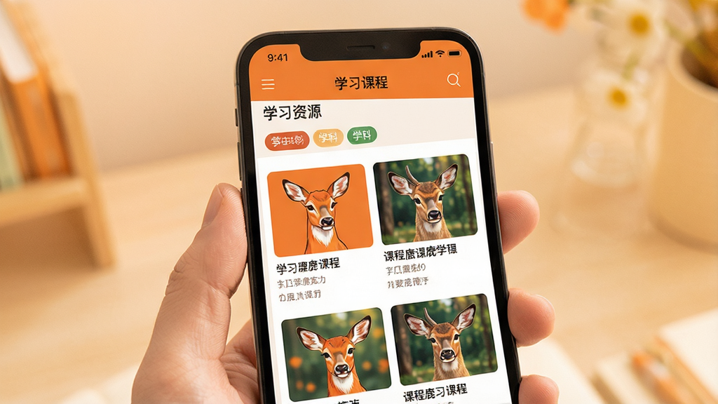一张展示橙鹿学习资源页面的图片,画面中手机屏幕显示分类清晰的课程列表,包含学科标签和课程封面,背景为柔和暖色调,风格清新明快,细节丰富,画质干净,无多余元素