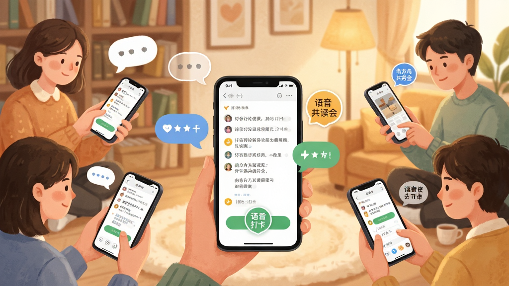 尚方舟共读会场景展示,画面中多位用户通过手机参与线上共读,屏幕显示讨论区和语音打卡界面。布局采用多人环绕中心手机的构图,背景为温馨的阅读角。风格为插画风,细节上突出互动气泡和打卡标识。画质柔和清晰,无杂乱元素。