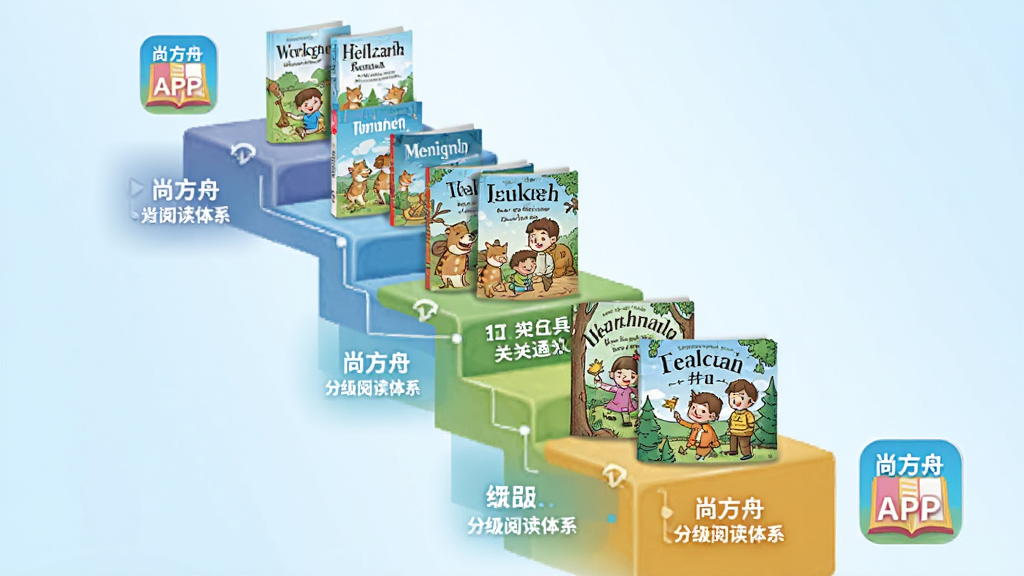 尚方舟分级阅读体系示意图,画面以阶梯形式展示从低到高的阅读级别,每级台阶上放置不同难度的英文绘本,台阶旁有尚方舟APP的图标。布局采用纵向递进式构图,背景为淡蓝色渐变。风格为教育信息图风格,细节上每级台阶标注级别名称和关键词。画质清晰,画面干净,无多余装饰元素。
