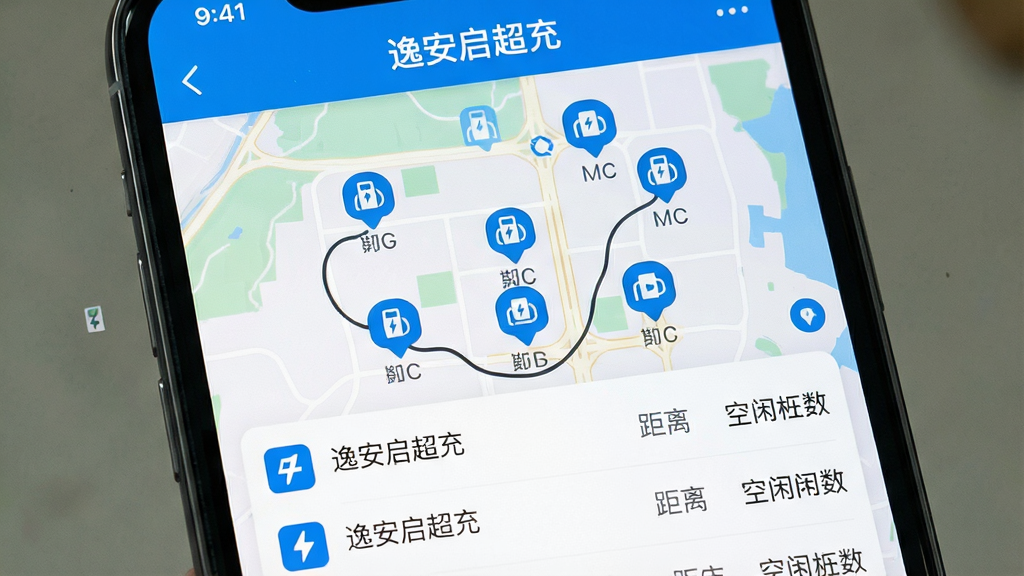 手机屏幕特写,界面显示逸安启超充App的地图找桩页面,地图上分布着多个充电站图标,下方列表展示站点名称、距离和空闲桩数。布局居中,排版为上下结构,风格为扁平化UI设计,细节包括蓝色主题色、清晰的图标与文字信息。画质清晰,干净无多余元素,屏幕中文字显示“逸安启超充”。