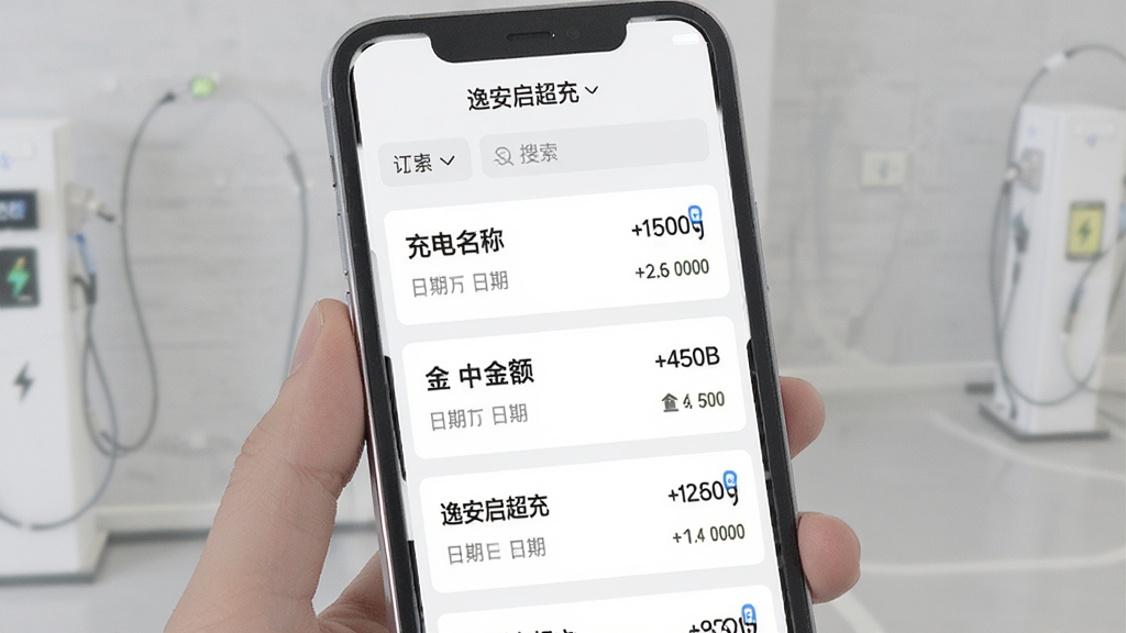 手机屏幕展示逸安启超充App的订单列表页面,每条订单显示充电站名称、日期、金额和电量信息,顶部有筛选与搜索栏。布局为垂直列表,排版整齐,风格为简约商务风,细节包括浅灰色背景、白色卡片式设计。画质清晰,干净无多余元素,屏幕中文字显示“逸安启超充”。