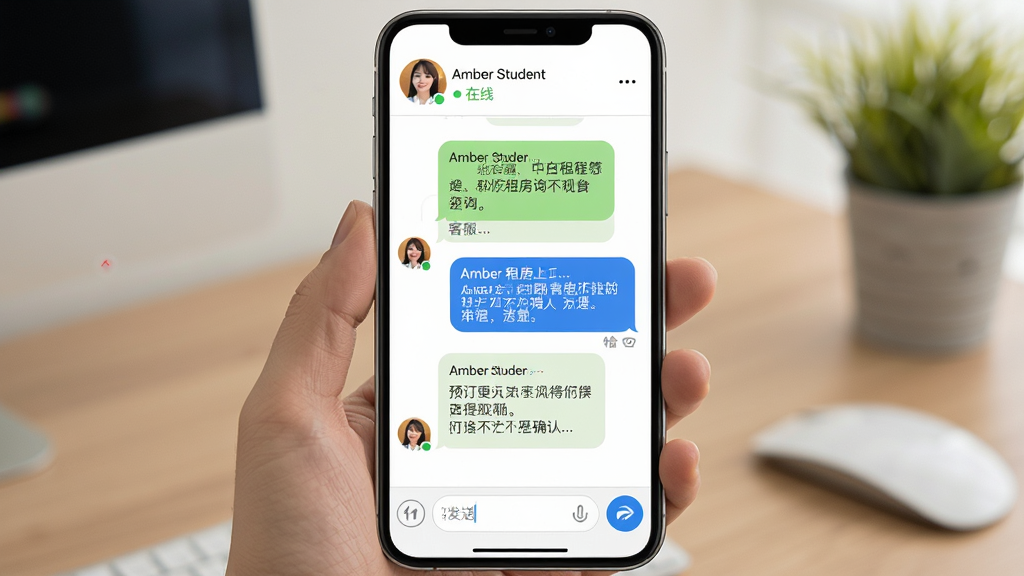一幅Amber Student中文客服在线咨询界面的场景图,主体为手机聊天窗口,屏幕中显示客服与用户的对话气泡,内容涉及租房咨询和预订确认,布局为手机竖屏展示,风格亲切专业,细节包括聊天界面顶部有客服头像和在线状态标识,底部有输入框和发送按钮,画质高清、干净、无多余元素