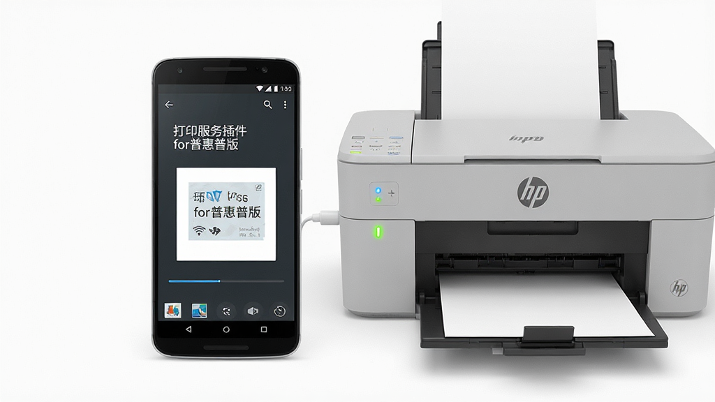 一张展示手机连接惠普打印机进行无线打印的场景图,画面中央是一部安卓手机屏幕显示
