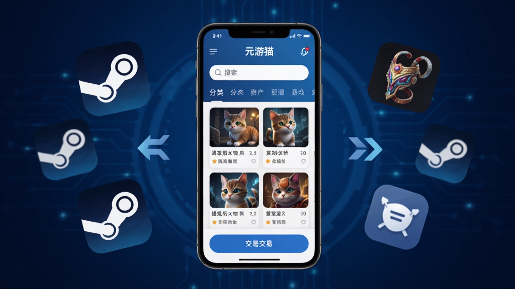 元游猫APP主界面展示,画面中央放置一部智能手机,手机屏幕显示元游猫应用首页,首页包含游戏资产列表、搜索栏、分类导航和交易按钮,背景为深蓝色科技感渐变,周围漂浮着Steam游戏图标、饰品皮肤、交易箭头等元素,整体布局简洁清晰,风格现代科技感,细节精致,画质高清,干净无多余元素