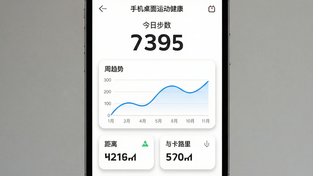 手机屏幕显示“手机桌面运动健康”应用的数据统计页面,页面顶部为今日步数大数字展示,中部为周趋势折线图,底部为距离与卡路里数据卡片,布局为上下结构,排版居中,风格为现代扁平化设计,细节包括折线图使用蓝色线条、卡片圆角阴影、背景为纯白,画质高清,干净,无多余元素