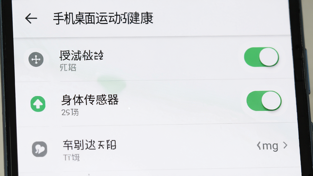 一部安卓手机屏幕显示“手机桌面运动健康”的权限设置界面,界面中“身体传感器”权限开关为开启状态,布局为列表结构,排版清晰,风格为系统原生设置风格,细节包括权限图标、开关按钮绿色高亮、背景为白色,画质高清,干净,无多余元素