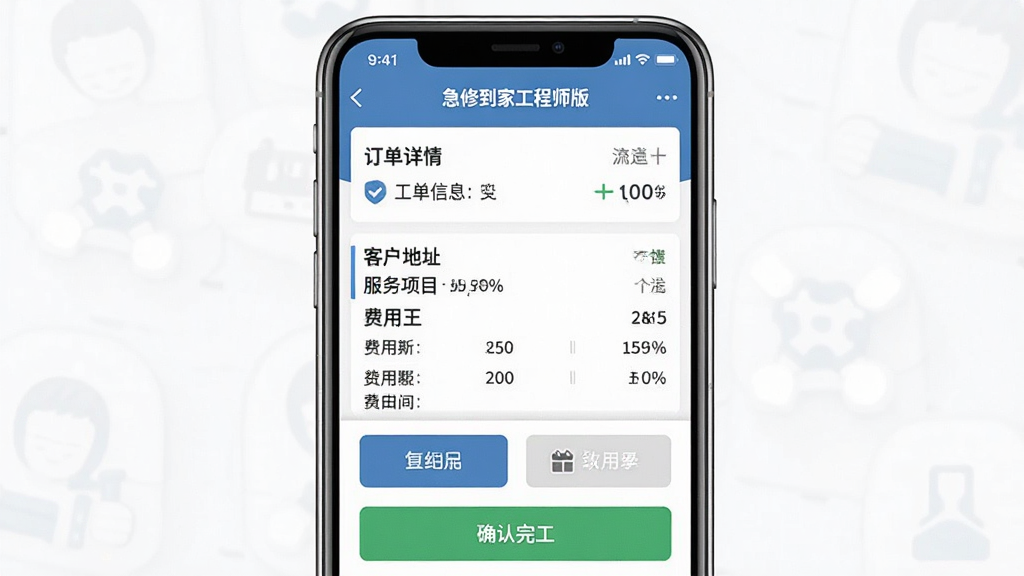急修到家工程师版移动端操作界面截图,主体为手机屏幕展示工单详情页面和操作按钮,布局为手机正面竖屏展示上下分栏,排版上部为订单信息下部为操作按钮,风格为简洁商务扁平化设计,细节包括客户地址服务项目费用明细和确认完工按钮,画质高清干净无多余元素,画面中文字为“急修到家工程师版”