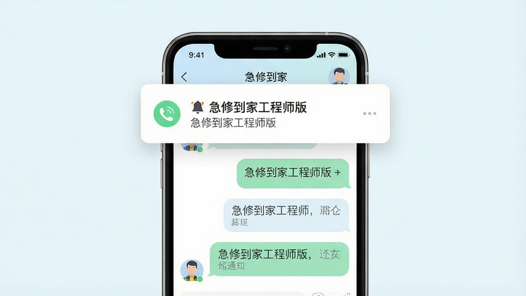 急修到家工程师版消息通知与实时沟通功能展示图,主体为手机屏幕显示聊天对话界面和推送通知弹窗,布局为手机居中聊天窗口占主体上方悬浮通知卡片,排版上下结构,风格为清新浅色系扁平化设计,细节包括聊天气泡电话图标通知铃铛和工程师头像,画质高清干净无多余元素,画面中文字为“急修到家工程师版”