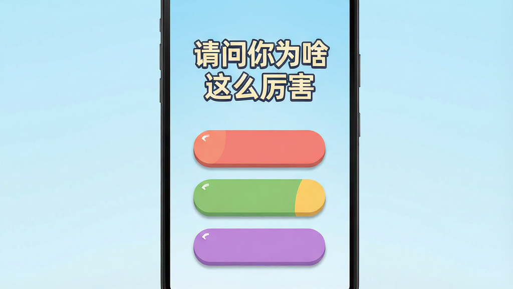一张以“请问你为啥这么厉害”为主题的手机应用界面展示图,主体是一部竖屏安卓手机,屏幕中央显示问答游戏界面,上方有“请问你为啥这么厉害”的标题文字,下方排列四个彩色回答按钮,布局居中对称,排版简洁明快,风格为扁平化卡通休闲风,细节上按钮带有圆角与轻微阴影,背景为淡蓝色渐变,画质清晰,干净,无多余元素