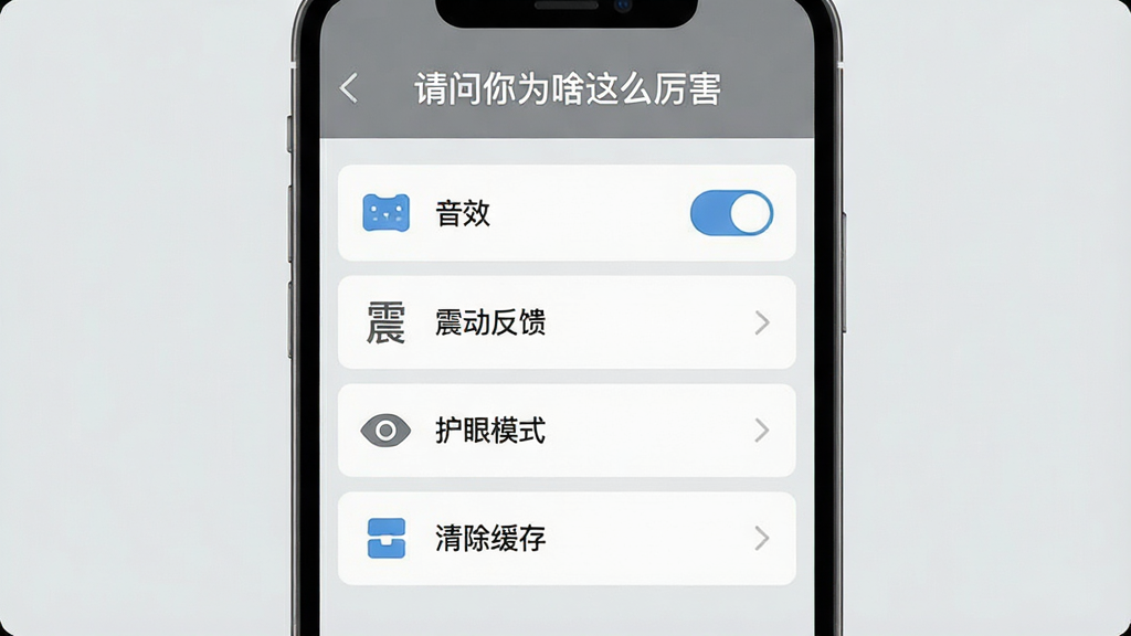 一张展示“请问你为啥这么厉害”游戏设置界面的生图,主体为手机屏幕显示设置菜单,包含音效开关、震动反馈、护眼模式、清除缓存等选项,布局为纵向列表,排版整齐,风格为简约现代的扁平化设计,细节上每个选项配有对应小图标,背景为浅灰色,画质清晰,干净,无多余元素