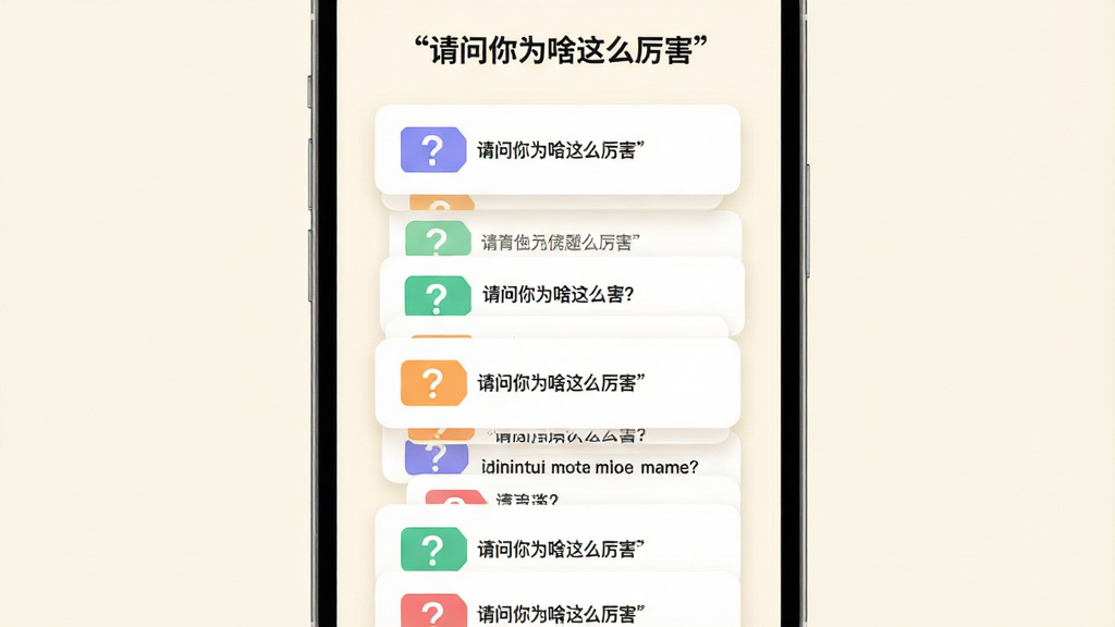 一幅展示“请问你为啥这么厉害”题库界面的AI生图,主体为手机屏幕特写,屏幕上显示多道趣味题目卡片层叠排列,布局采用纵向瀑布流,排版错落有致,风格为清新明亮的扁平插画风,细节上每张卡片带有不同颜色的标签和问号图标,背景为柔和的米白色,画质高清,干净,无多余元素