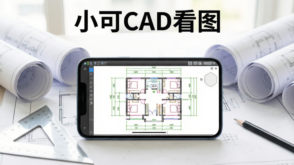 一张展示小可CAD看图软件主界面的场景图,画面中央是一部智能手机,屏幕上显示着清晰的CAD建筑平面图纸,图纸上有彩色线条和尺寸标注,手机周围散落着工程图纸卷、三角尺和一支铅笔,背景是明亮的办公室桌面,整体风格简洁商务,细节丰富,画质清晰干净,无多余元素,图片上方有文字“小可CAD看图”