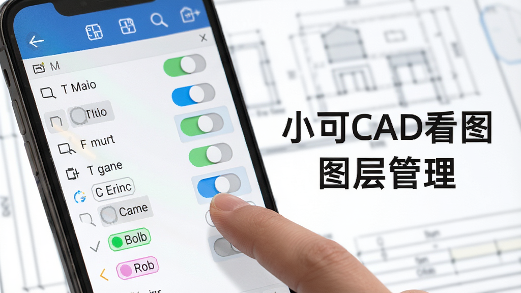 手机屏幕特写,显示小可CAD看图的图层管理面板,面板上有多个图层开关和颜色标签,手指正在点击其中一个图层按钮,背景是模糊的CAD图纸,画面风格干净清爽,细节清晰,有文字“小可CAD看图 图层管理”