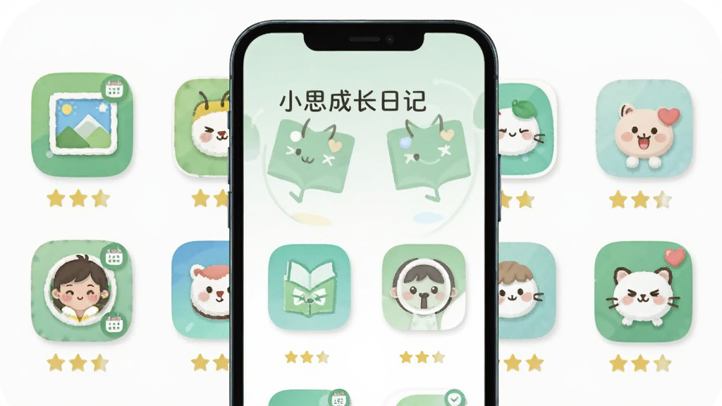 一幅AI生成的插画,画面展示“小思成长日记”与多款同类成长记录应用并排排列在手机屏幕上,每个应用图标下方有星级评分。布局为横向排列,手机屏幕占据画面中央。排版整齐,风格为简约清新的扁平化插画,色调以浅绿、白色、浅灰为主。细节上,每个应用图标都有微小的功能图标点缀,如相册、日历、爱心等。画质高清,画面干净,无多余元素。
