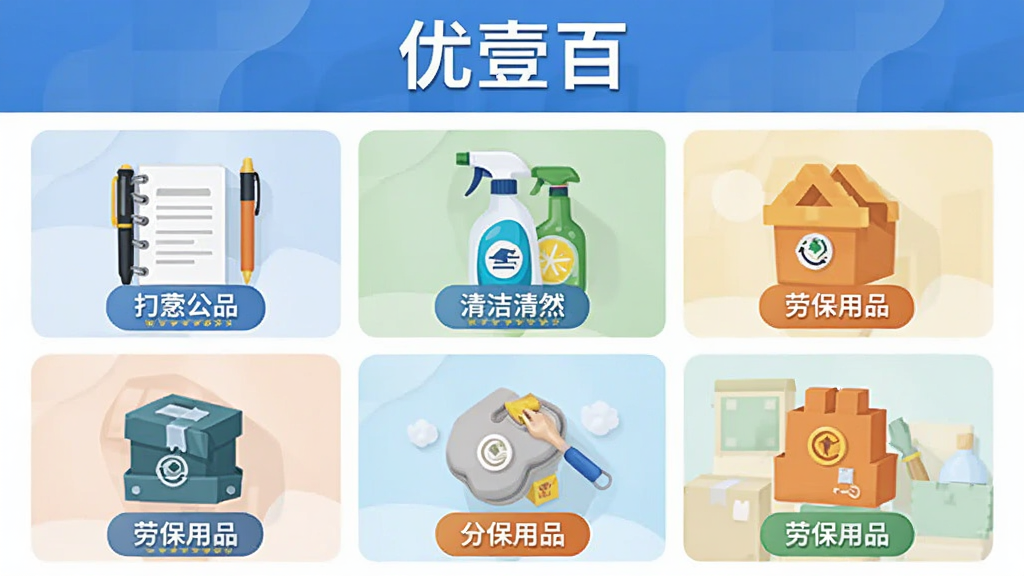 主体为优壹百应用的商品分类页面截图风格插画,布局采用网格排列展示多个品类入口,排版为上方标题下方九宫格分类,风格为扁平化商务插画风,细节包含办公文具图标、清洁用品图标、劳保用品图标、分类标签文字,画质为高清干净无多余元素,图片中文字为